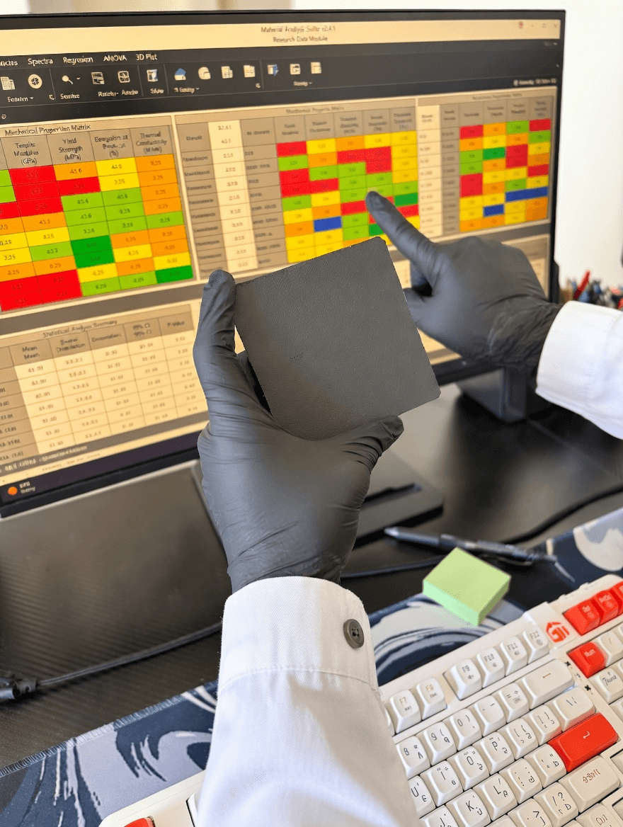 Material analysis laboratory with technical data display